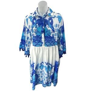 NEW Leoni Al Sole Blue Tassel 3/4 Sleeve Collared Button Mini Shirt Dress Sz S/M